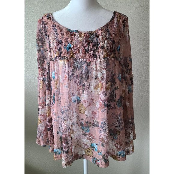 Anthropologie Akemi‎ Kin Fairy Blouse Top SZ Large Cottagecore Sheer Floral Pink - Picture 2 of 13